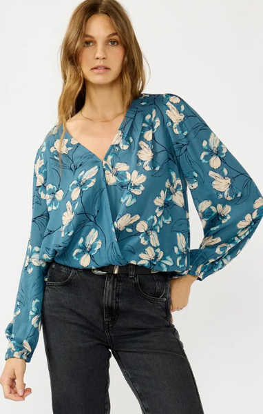 Ramona Pleated Floral Surplice Top – Mint