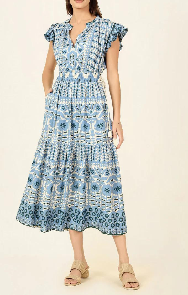 blue printed midi dress