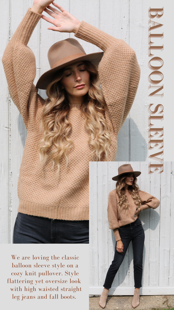 PUFF SLEEVE SWEATER ELAN LATTE COLORED SOFT AND COZY BALLOON SLEEVE FALL KNIT