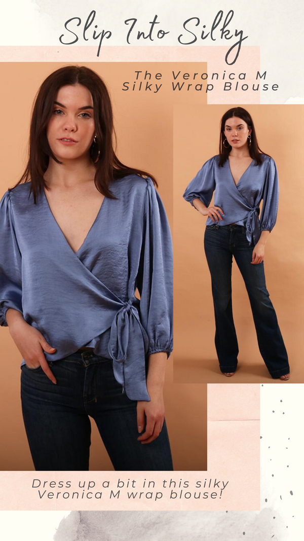 PUFF SLEEVE WRAP BLOUSE VERONICA M GOING OUT BLUE BLOUSE