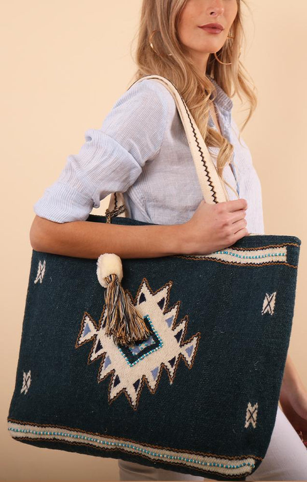 HAND LOOMED BEAD AND TASSEL TOTE MINT EXCLUSIVES BEACH AZTEC TOTE