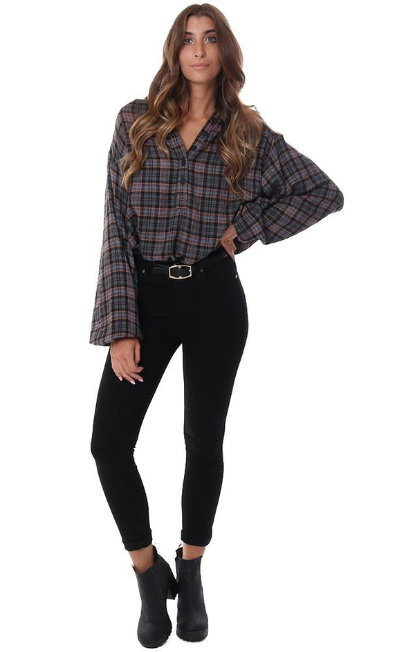 FREE PEOPLE TOPS PLAID BUTTON FRONT LONG SLEEVE COMFY GREY / BLACK PULLOVER FLANNEL