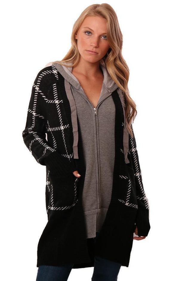 CENTRAL PARK WEST CARDIGANS GREY HOODIE LINING BLACK CHECKED OPEN FRONT KNIT CARDI