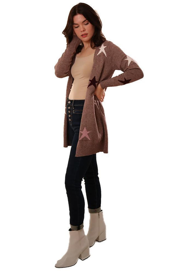 METRIC CARDIGANS OPEN FRONT STAR PRINTED MAUVE SOFT KNIT CARDI