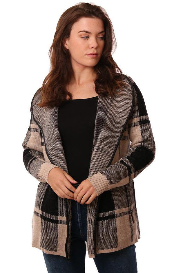 METRIC CARDIGANS LEATHER TRIMMED PLAID PRINT OPEN FRONT COZY JACKET