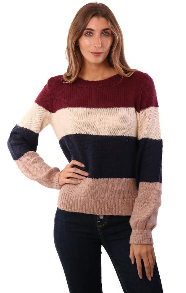 HEM AND THREAD SWEATERS LONG SLEEVE IVORY NAVY BURGUNDY COLOR BLOCK STRIPED KNIT