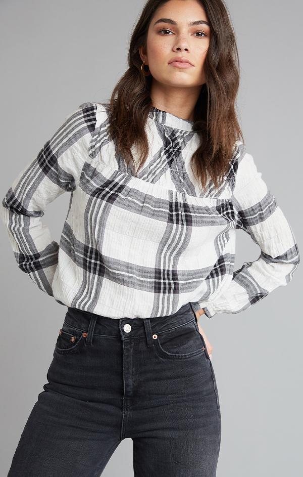 SMOCKED BISHOP SLEEVE TOP BELLA DAHL QUILTED FLANNEL BLACK AND WHITE BLOUSES