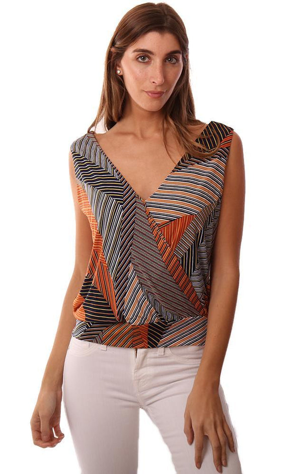 VERONICA M TOPS SLEEVELESS V NECK CROSS FRONT BANDED PRINTED TANK