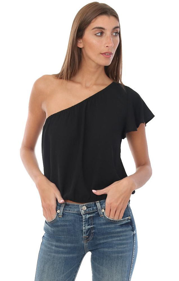 VERONICA M TOPS OFF ONE SHOULDER RUFFLE SLEEVE LIGHTWEIGHT CHIC BLACK BLOUSE