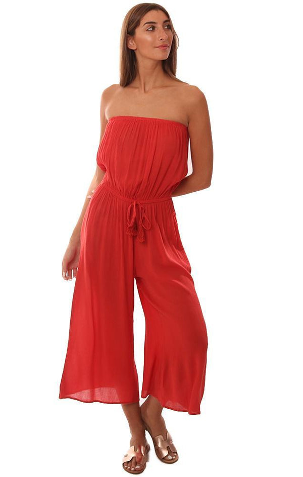 JUMPSUITS STRAPLESS CROPPED WIDE LEG LIGHTWEIGHT FLOWY CORAL JUMPER