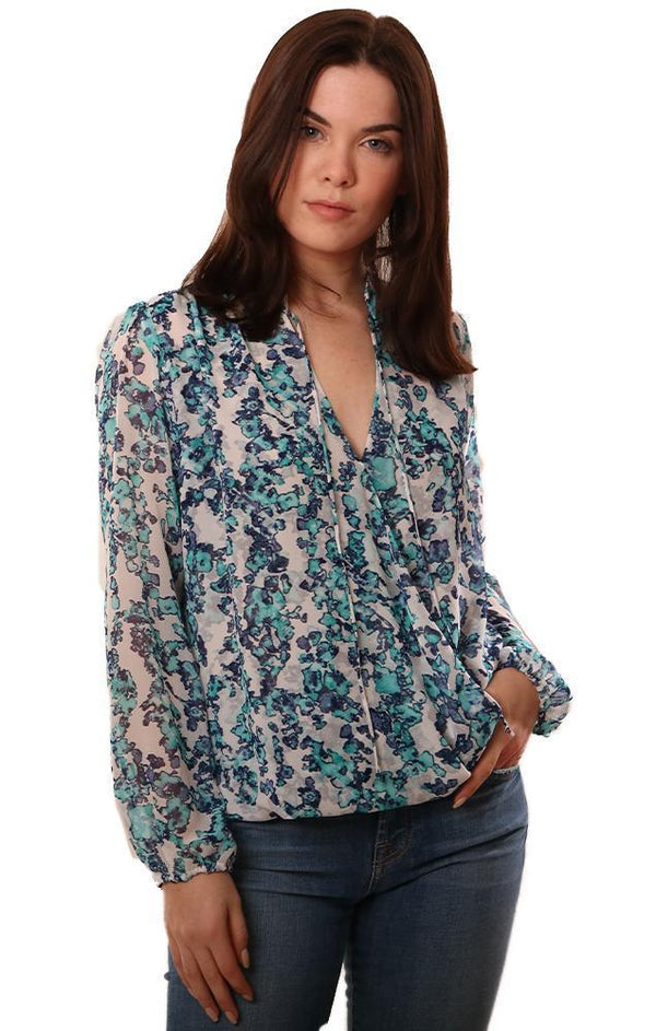 VERONICA M TOPS LONG SLEEVE CROSS FRONT BLUE WHITE FLORAL PRINTED BLOUSE