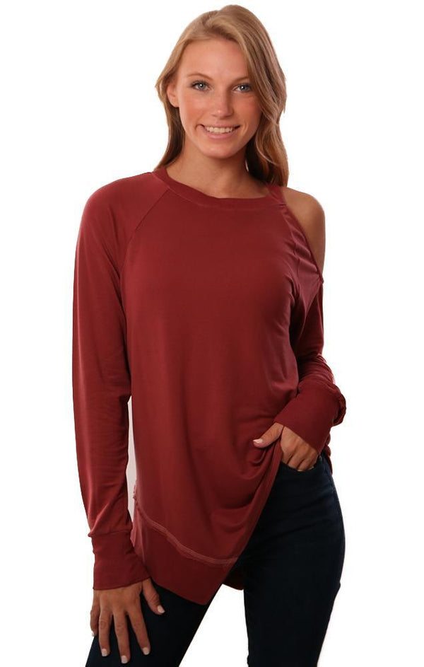 RED HAUTE TOPS COLD SHOULDER LONG SLEEVE CREW NECK ASYMMETRICAL RED PULLOVER