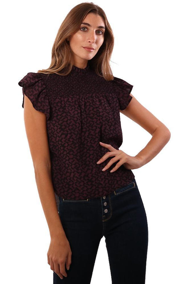 RED HAUTE TOPS SMOCKED FRONT RUFFLE SHORT SLEEVE PLUM PRINTED BLOUSE