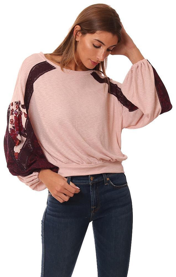 FREE PEOPLE TOPS BLOUSON SLEEVES TEXTURED EMBROIDERED SOFT PINK PULLOVER TOP