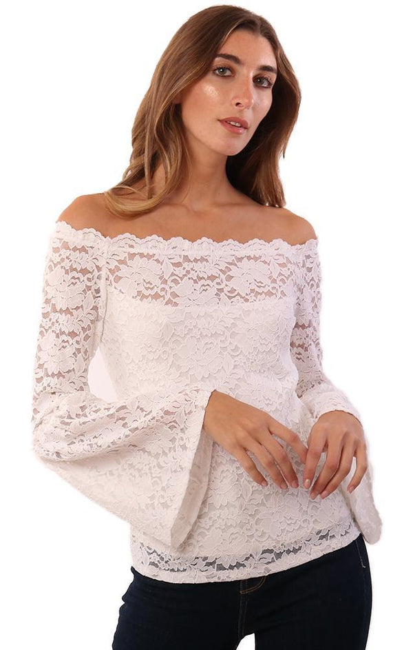 RED HAUTE TOPS OFF THE SHOULDER LONG BELL SLEEVE LACE IVORY TOP