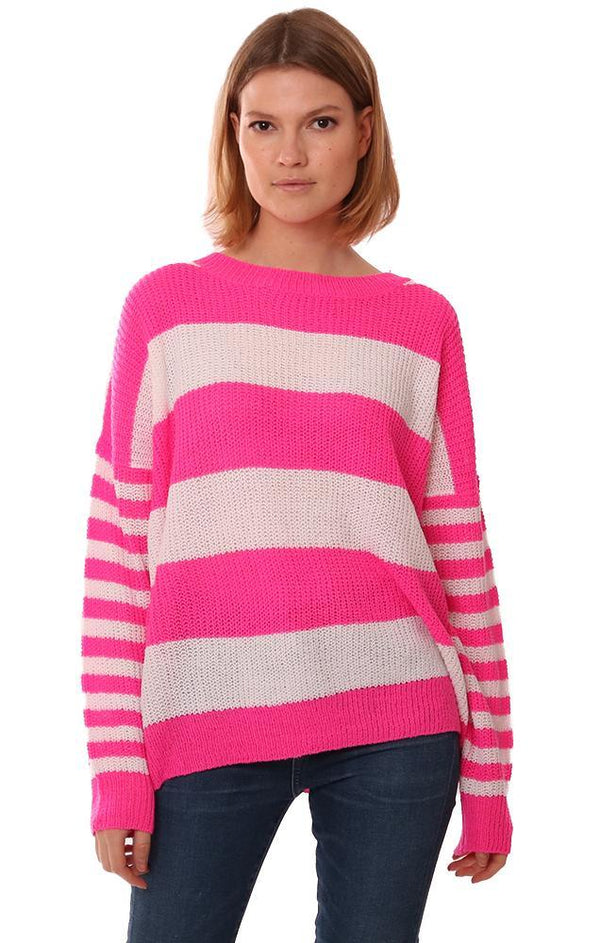 TOPS CREW NECK LONG SLEEVE STRIPED KNIT PULLOVER PINK WHITE SWEATER