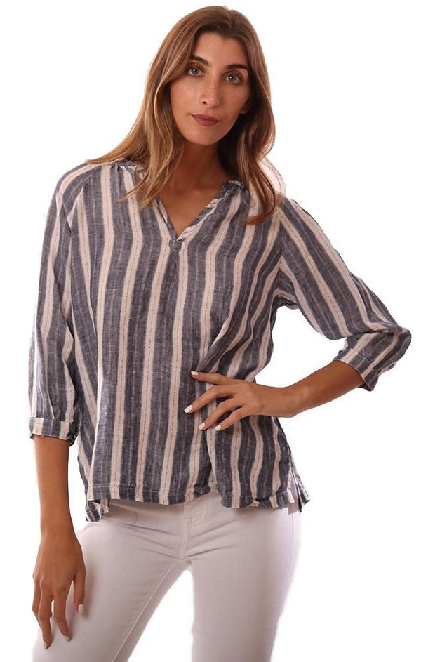 CP SHADES TOPS LONG SLEEVE V NECK NAVY STRIPED FLOWY LINEN BLOUSE