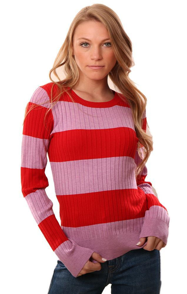 525 AMERICA SWEATERS LONG SLEEVE RIBBED RED PINK RUGBY STRIPED CREW NECK