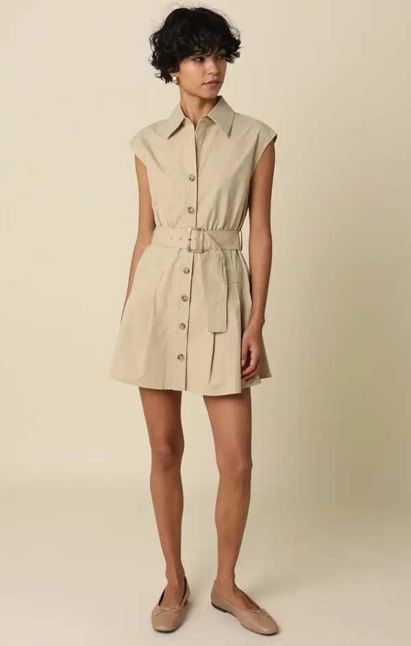 sleeveless belted shirt dress Women's Sleeveless Belted Shirt Dress, Geometric Print Button Down Waist Tie Mini Dress Khaki S
