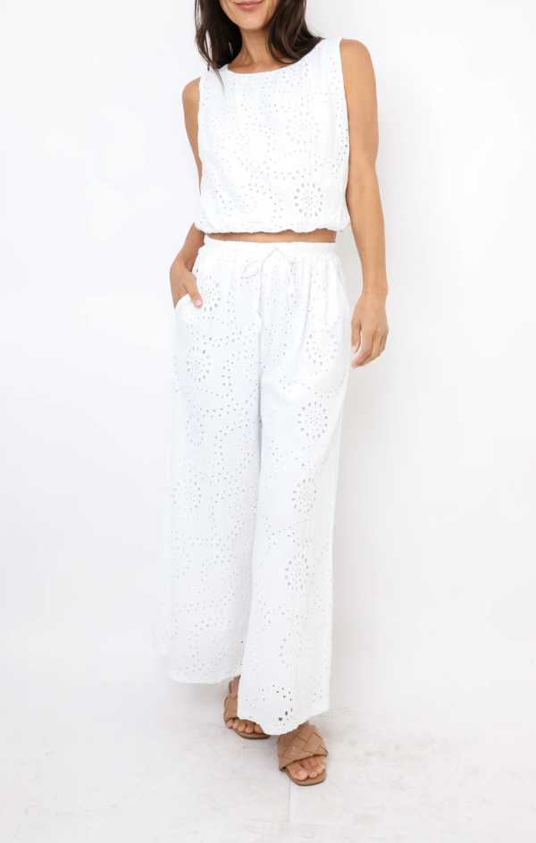 Elastic Waistband Wide Leg Eyelet Pants – Mint
