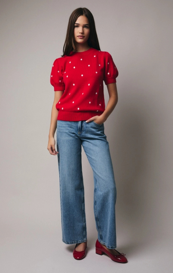 Polka Dot Puff Sleeve Sweater – Mint