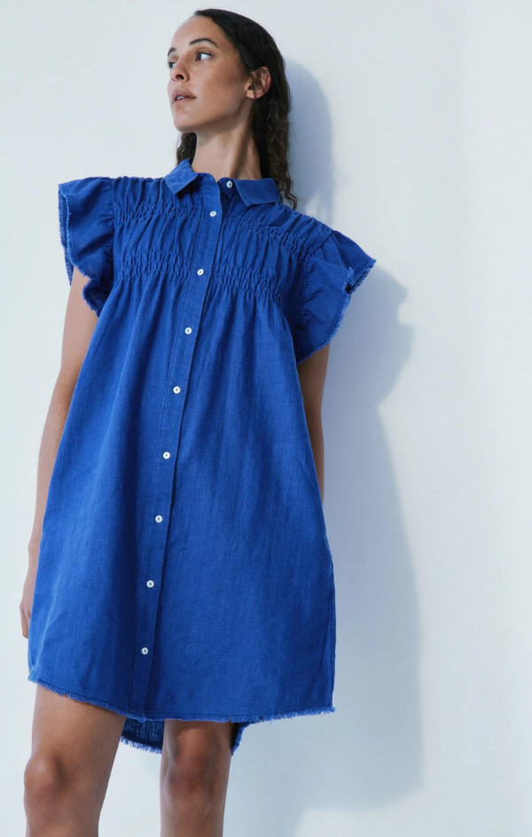 blue button up blouse flutter sleeve dress