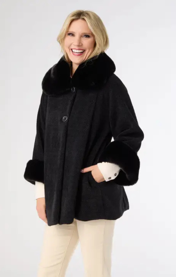 Janara 3/4 Sleeve Faux Fur Button Wrap