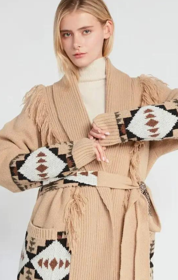 Fringed Aztec Chunky Knit Cardigan Mint