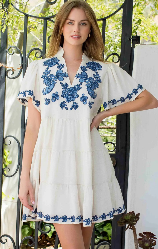 Jackie Flutter Sleeve Embroidered Dress L Jackie Flutter Sleeve Embroidered Dress L