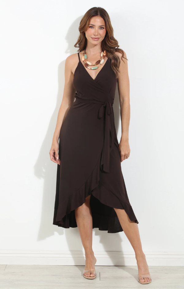 spaghetti strap wrap dress Chocolate Midi Dress-BEST SELLER L GUATEMALA Fabric Content BCBG Lace & Jersey SCH002171_W_M Accessory size:28