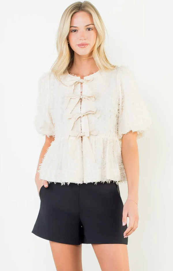 Freya Fringed Front Tie Puff Sleeve Top