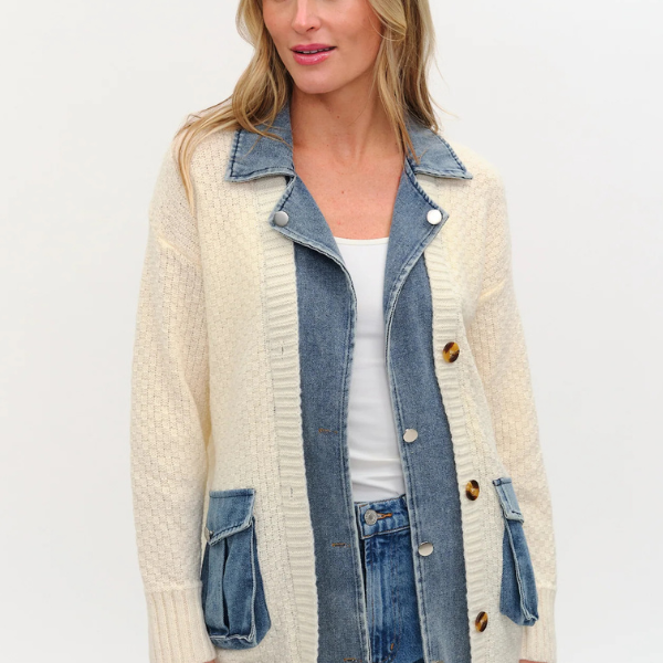 Rachel Mixed Media Denim Cardigan – Mint