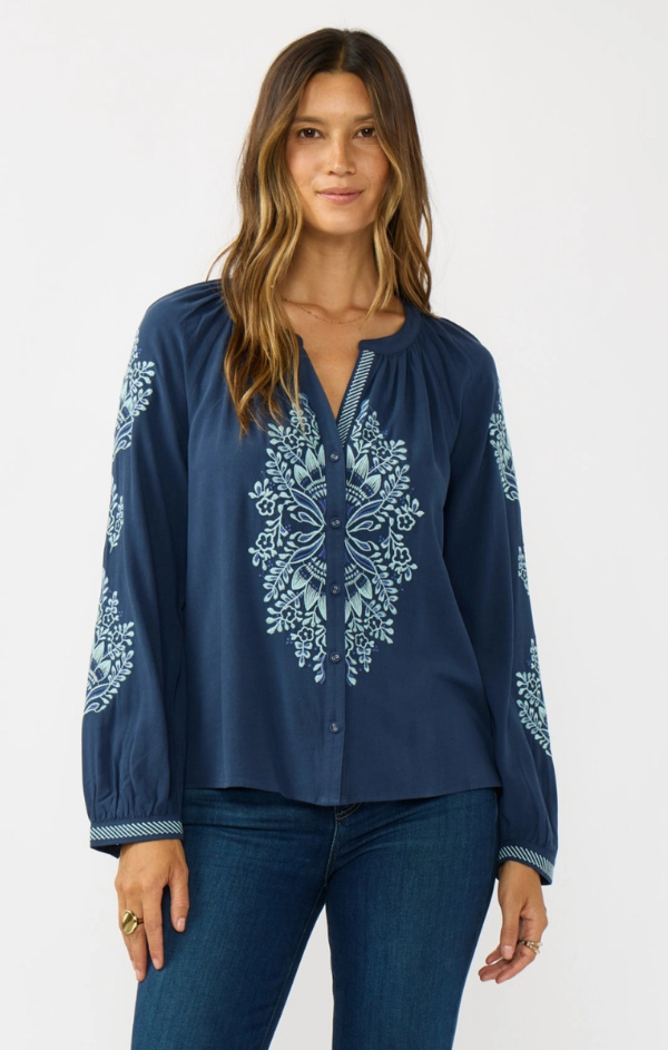 Sky Blooms Embroidered Raglan Button Blouse