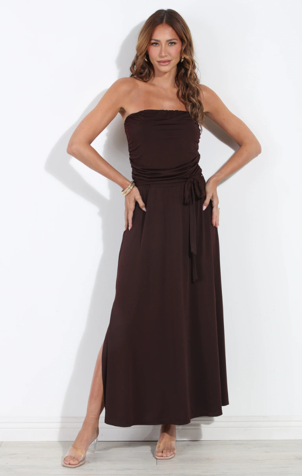 Espresso Stretch Ruched Tube Maxi Dress-BEST SELLER S