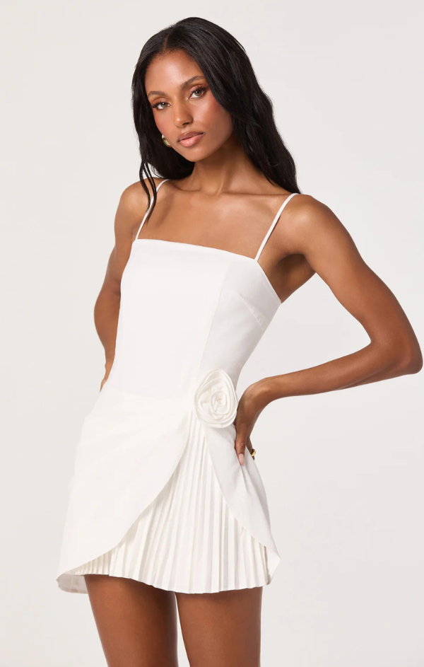 whimsical cocktail dress ASTR the Label | Blake Pleated Mini in White Elizabeth K by GLS Collective Off the shoulder sweetheart bodice Open lace Bubble of Love Dress –