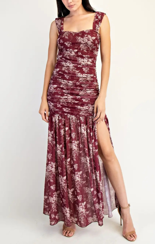 Fae Floral Ruched Maxi Dress with Slit