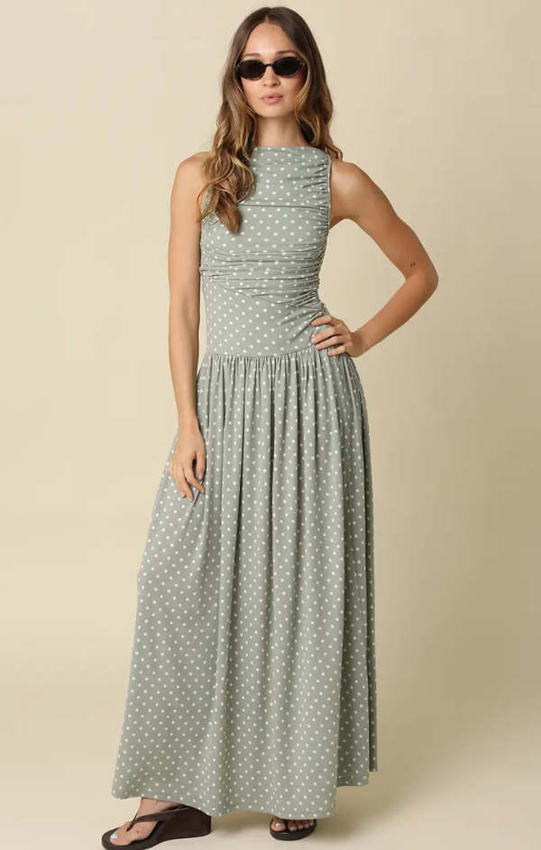 green polka dot maxi dress Paige Ruched S V neckline US Sizes:9 Men's = 10.5 Women's __clothing Evening Gowns Dresses -