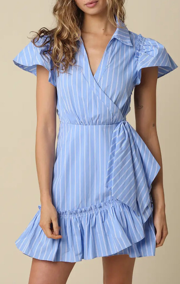 Hailee Stripe Ruffle Wrap Mini Dress S