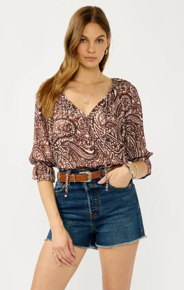 Smocked Paisley Split Neck Blouse