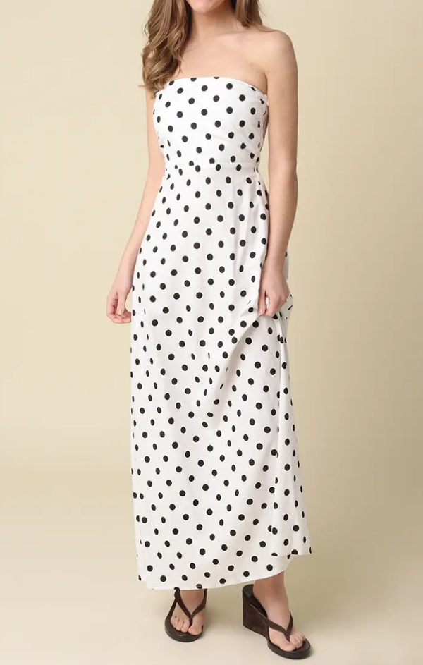 Vivian Cotton and Linen Strapless Polka Dot Maxi L