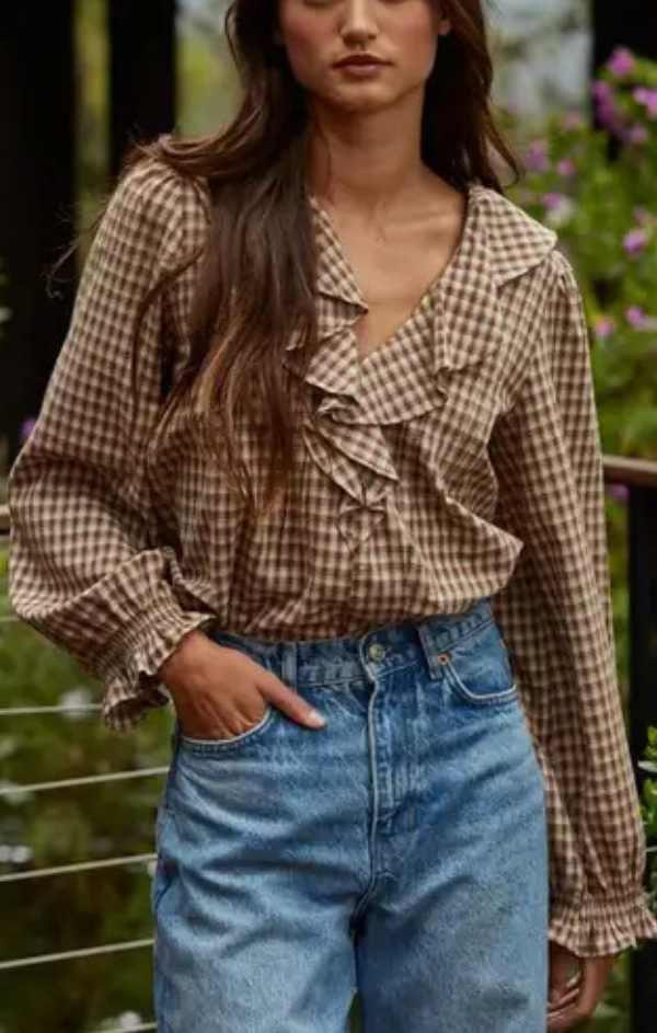 Cotton Gingham Ruffle Blouse