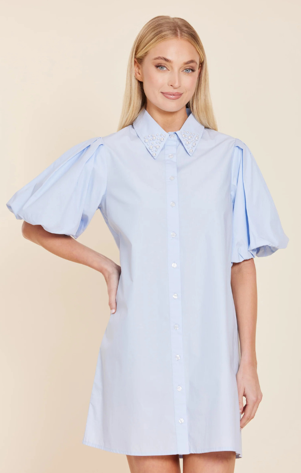 Poplin Pearl Embellished Dress Light Blue / XS