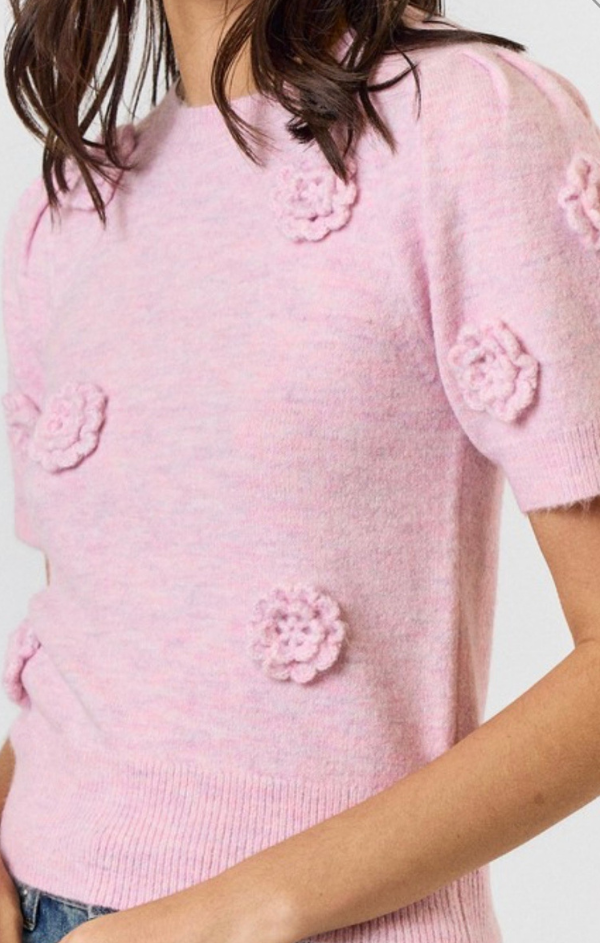 Puffed Sleeve Flower Applique Knit