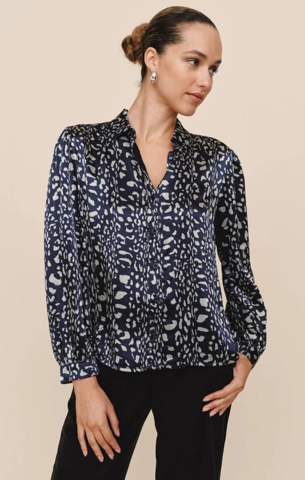 Long Sleeve Shirred Shoulder Button Down