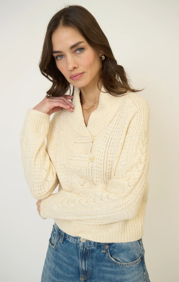 Rayna Shawl Collar Pointelle Cable Pullover