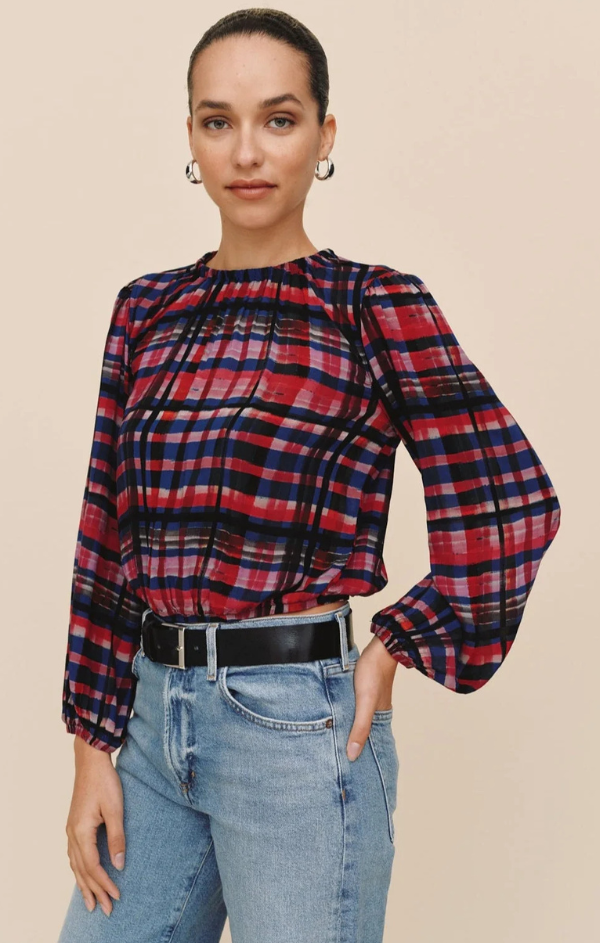 Elastic Shirred Top in Winter Plaid Print