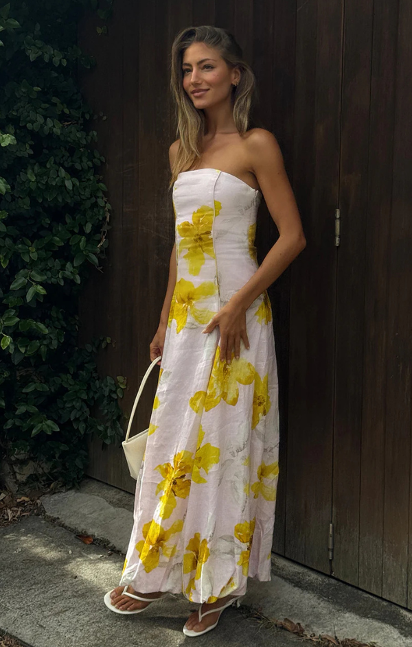 summertime maxi dresses Women's Summertime Sadness A-line Puffy Sleeved Cotton Maxi Dress XS/S/M/L/XL/Customize Vanilla/Pink Floral MEAN BLVD, XS / Vanilla/Pink / Floral