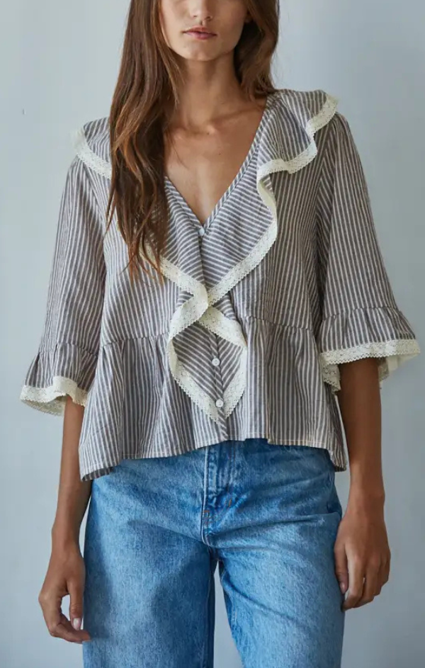 Rochelle Cotton Linen Striped Ruffle Top