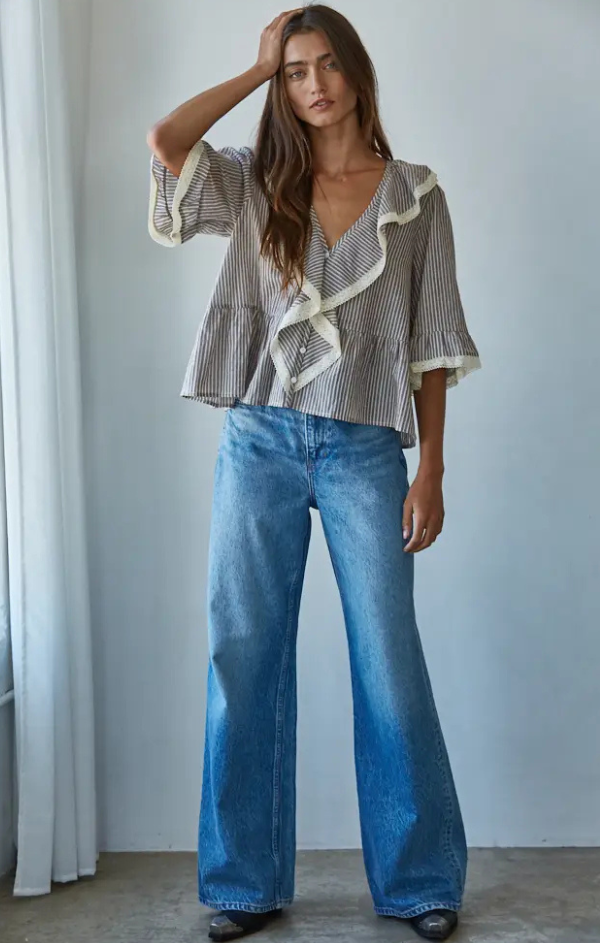 Rochelle Cotton Linen Striped Ruffle Top