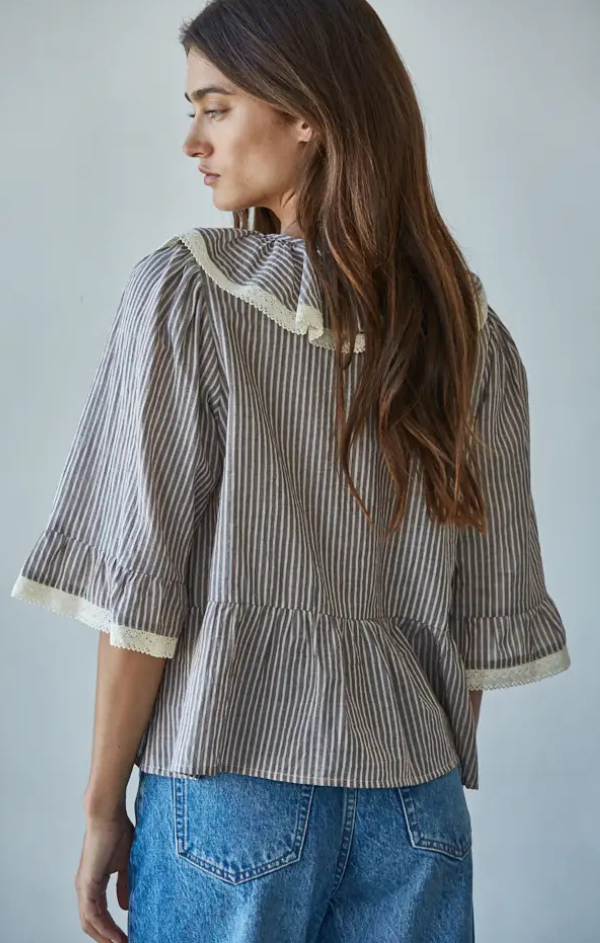 Rochelle Cotton Linen Striped Ruffle Top